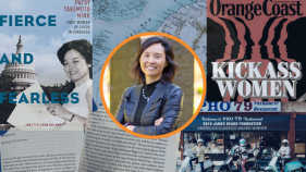 A collage of photos of Orange Coast magazine cover, the cover of her book " Fierce and Fearless", a photo of her on a vespa and two photos of pages from her book.