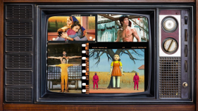 Retro TV with collage of film stills inside