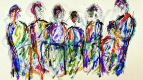 Multi-color sketch of a group of people