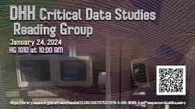 image of computer monitors in background; text DHX Critical Studies Reading Group with QR Code to reading