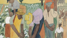 A painting by WH Johnson depicting slaves picking cotton on a plantation.
