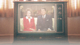 An image of a mid-century television showing an image of Nancy Reagan & Ronald Reagan sitting on a couch.