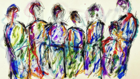 Six human figures sketched in numerous colors