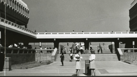 Black and white photograph of Humanities Commons from the 1970s