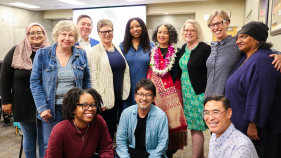 A photo smiling FMS faculty during Fatimah Tobing Rony's retirement party.