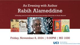 A photo of a man in glasses among twinkle lights next to four book covers. The text above reads "An Evening with Author Rabih Alameddine" and below includes the date time and location of the event.