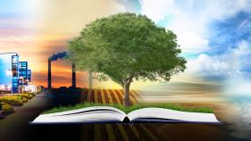 A spectrum going from urban landscape to farm land to ocean. A book with a huge tree growing from its middle is in the foreground. The words "Environmental Humanities" are at the bottom