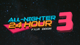 The logo for the All-Nighter 24 Hour Film Dash floats in a starry sky