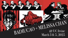 A variety of red and black political cartoons by artist Badiucao. The bottom right triangle is black and reads "Badiucao + Melissa Chan, @ UC Irvine, March 3 & 5, 2025.