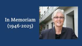 A photo of Linda Williams smiling sits on a blue background with text reading: "In Memoriam (1946-2025)"