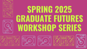 pink background with mixing table images; text spring 2025 graduate futures workshop series