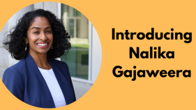 headshot of smiling woman with dark blue blazer; text introducing nalika gajaweera