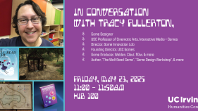 Bright purple background. On the left, five photos are arranged that show (clockwise) – Tracy Fullerton, a smiling brunette person in glasses, a video game rendering of a cabin in the woods, the cover of the book “Game Design Workshop” which is purple and features pink and blue circles, a video game rendering of a map that reads “Walden Pond” and the cover for “The Well Read Game” which is blue and shows a character floating through clouds. On the right, a techno-inspired font reads “In Conversation  with T