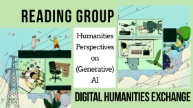 image of people working at computers in cubicles, from "Digital Nomads Beyond the Cubicle" by Yutong Liu & Digit. Text "reading group, humanities perspectives in (generative) AI, digital humanities exchange