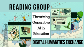 image of people working at computers in cubicles, from "Digital Nomads Beyond the Cubicle" by Yutong Liu & Digit. Text "reading group, humanities perspectives in (generative) AI, digital humanities exchange