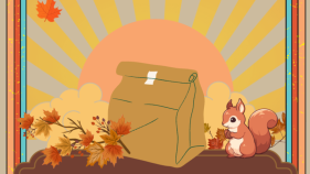 cartoon image of a setting sun in the background with leaves falling, squirrel and brown bag in the foreground