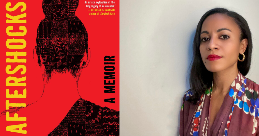 On the left, a read book cover that reads "Aftershocks: A Memoir" and shows a drawing of the back of a woman's head. On the right, the author posed in front of a wall. 