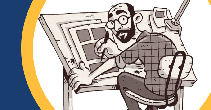 drawing of man drawing a comic strip