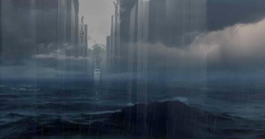 Skyscrapers with a faded ocean overlay and clouds looking like fog