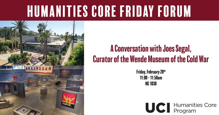 On the left is an image of the Wende Museum (grey building with palm trees around it) and the interior of the museum. On the right is the event details written in red text on a white background. 
