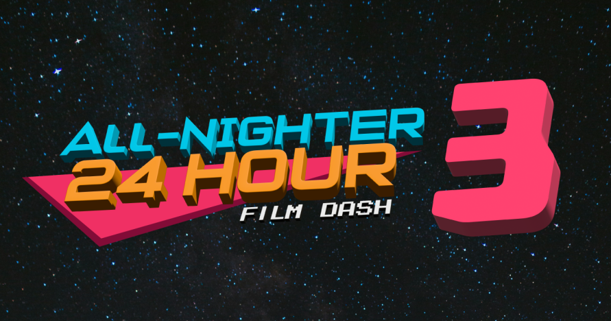 The logo for the All-Nighter 24 Hour Film Dash floats in a starry sky