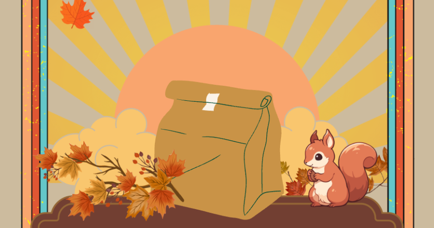 cartoon image of a setting sun in the background with leaves falling, squirrel and brown bag in the foreground