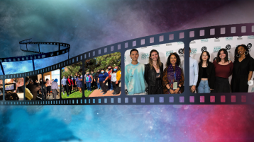 A film strip showcasing different photos of the Dept. of Film and Media Studies