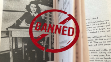 A photo of the book "The Diary of a Young Girl" by Anne Frank with a red stamp across it that reads "BANNED"