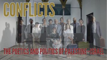 The photo from the cover of Liron Mor's book "Conflicts: The Poetics and Politics of Palestine-Israel" and text on the photo that reads "Conflicts" and "The Poetics and Politics of Palestine-Israel"