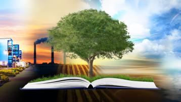 A spectrum going from urban landscape to farm land to ocean. A book with a huge tree growing from its middle is in the foreground. The words "Environmental Humanities" are at the bottom