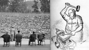 Protest meeting at Greek Theater Berkeley with a newspaper cartoon of a man slamming down a hammer on handcuffs.