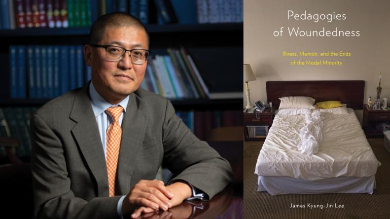A portrait of Jim Lee (left) beside a cover of his book Pedagogies of Woundedness (right)