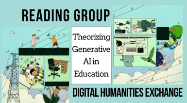 image of people working at computers in cubicles, from "Digital Nomads Beyond the Cubicle" by Yutong Liu & Digit. Text "reading group, humanities perspectives in (generative) AI, digital humanities exchange