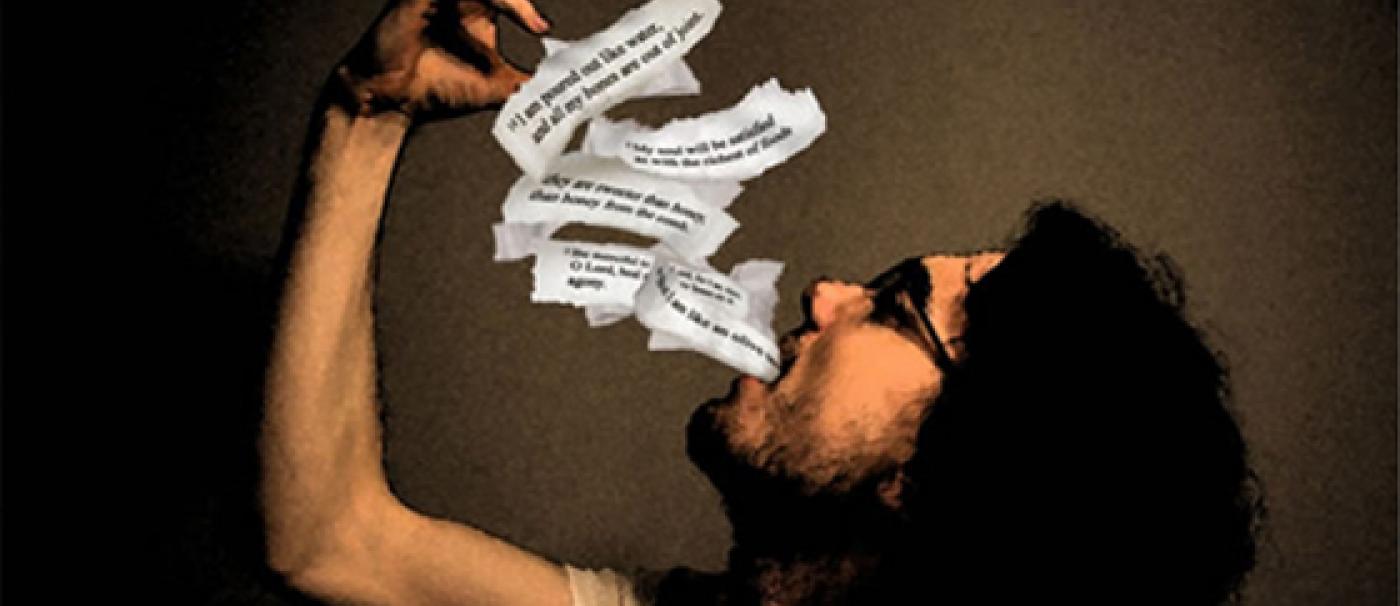 Paper with words drifting into man's mouth