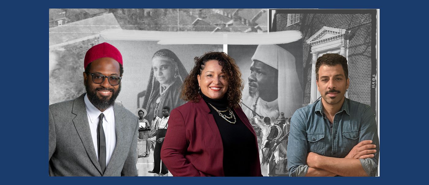 UCI faculty standing next to each other with a blue border and black and white images of black history behind them