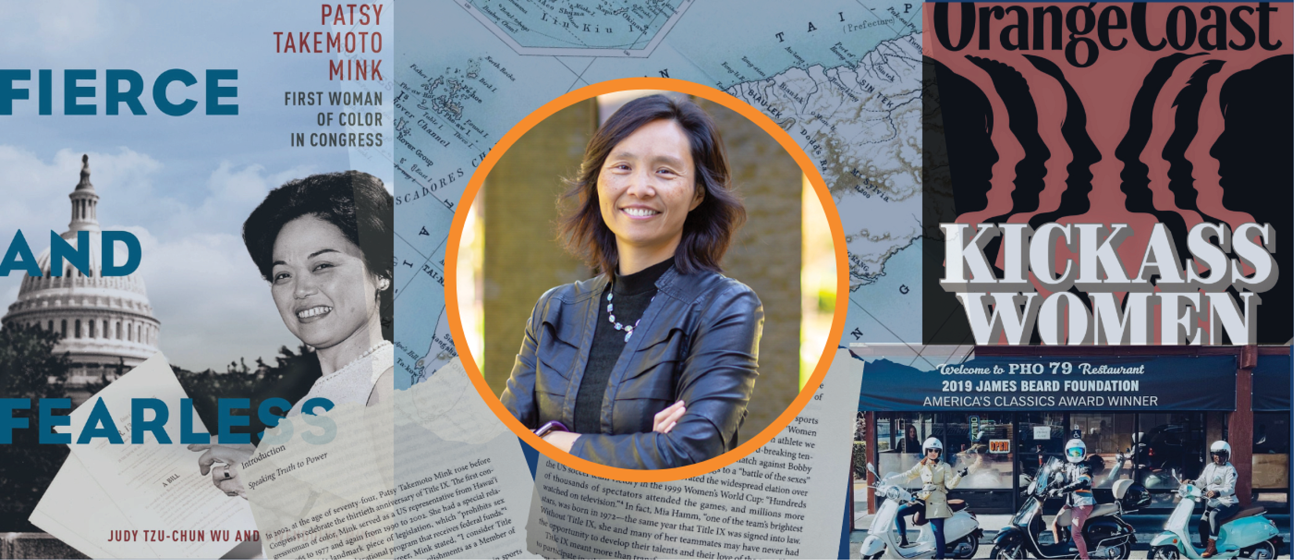 A collage of photos of Orange Coast magazine cover, the cover of her book " Fierce and Fearless", a photo of her on a vespa and two photos of pages from her book.