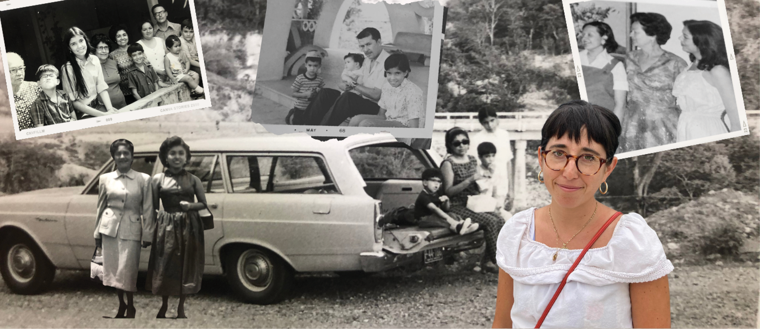 A collage of Kathryn Campo Bowen family photos in black and white. A headshot of Kathryn Campo Bowen is in color