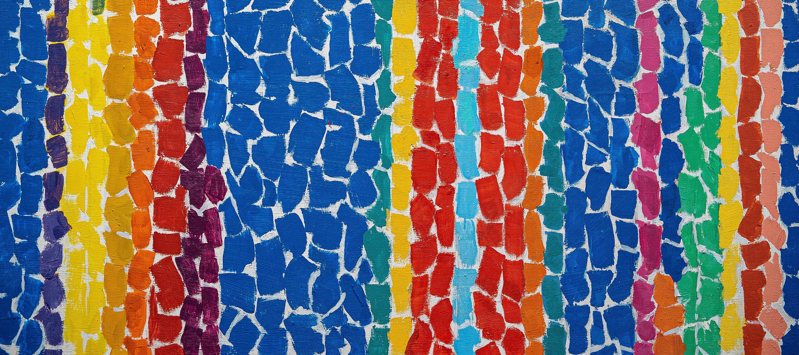 Marbled alternating columns of the colors blue, yellow, red, with some green