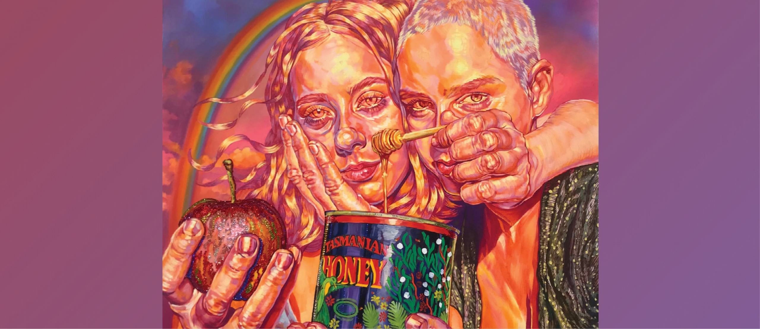 A photo of Ball Drop (Sunset). Hannah Lupton Reinhard, 2020. Oil and swarovski crystals on canvas. Collection of Green Family Art Foundation.