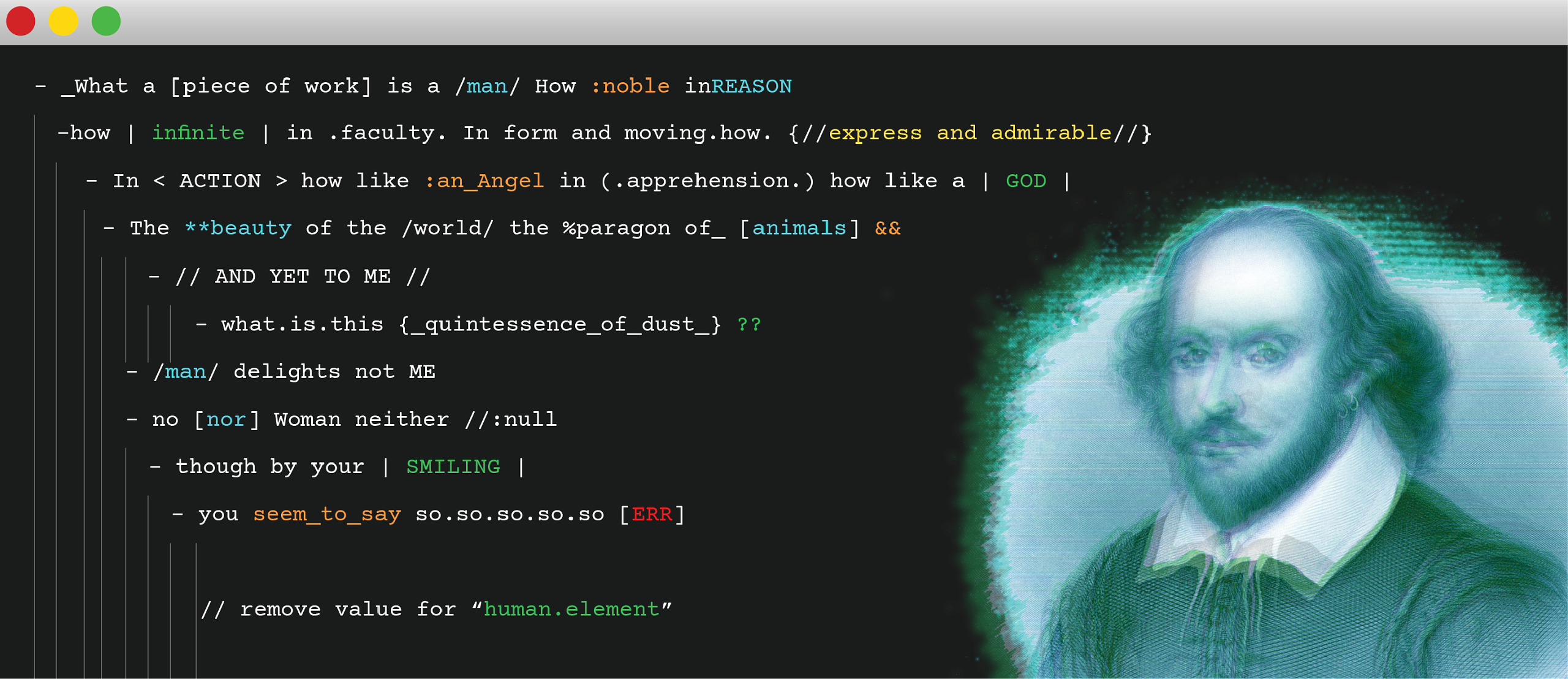 A computer screen with a William Shakespeare poem in code. A hologram of William Shakespeare.