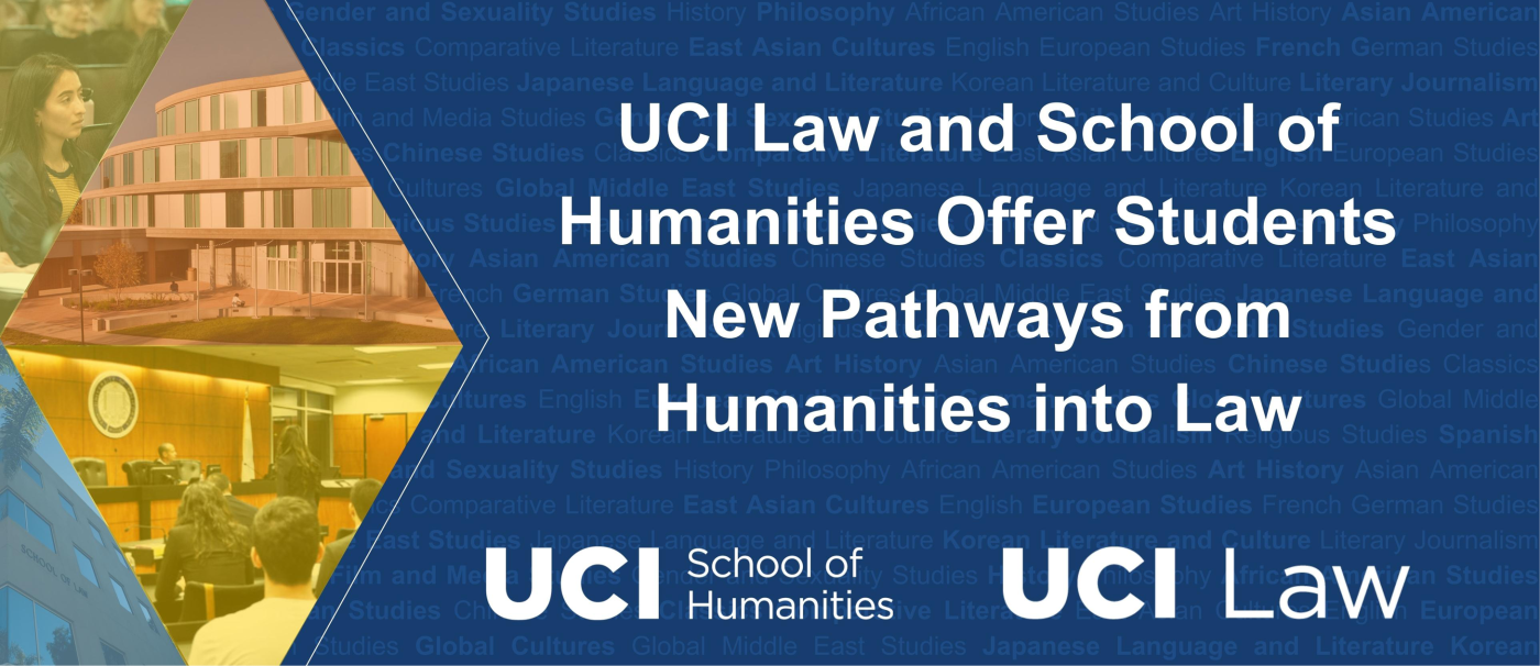 A designed image with a kaleidoscope of images from the School of Humanities and the School of Law. Text reads "UCI Law and School of Humanities Offer Students New Pathways from Humanities into Law" 