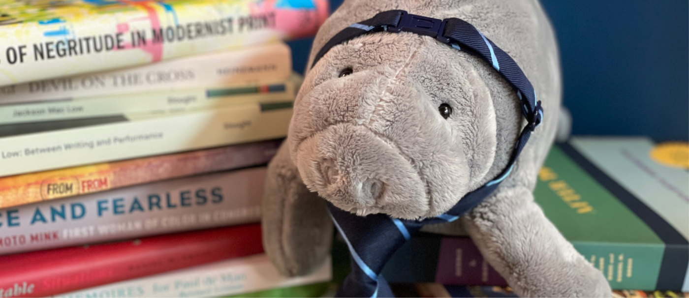 Hugh Manatee sitting on a pile of books from various UCI faculty.