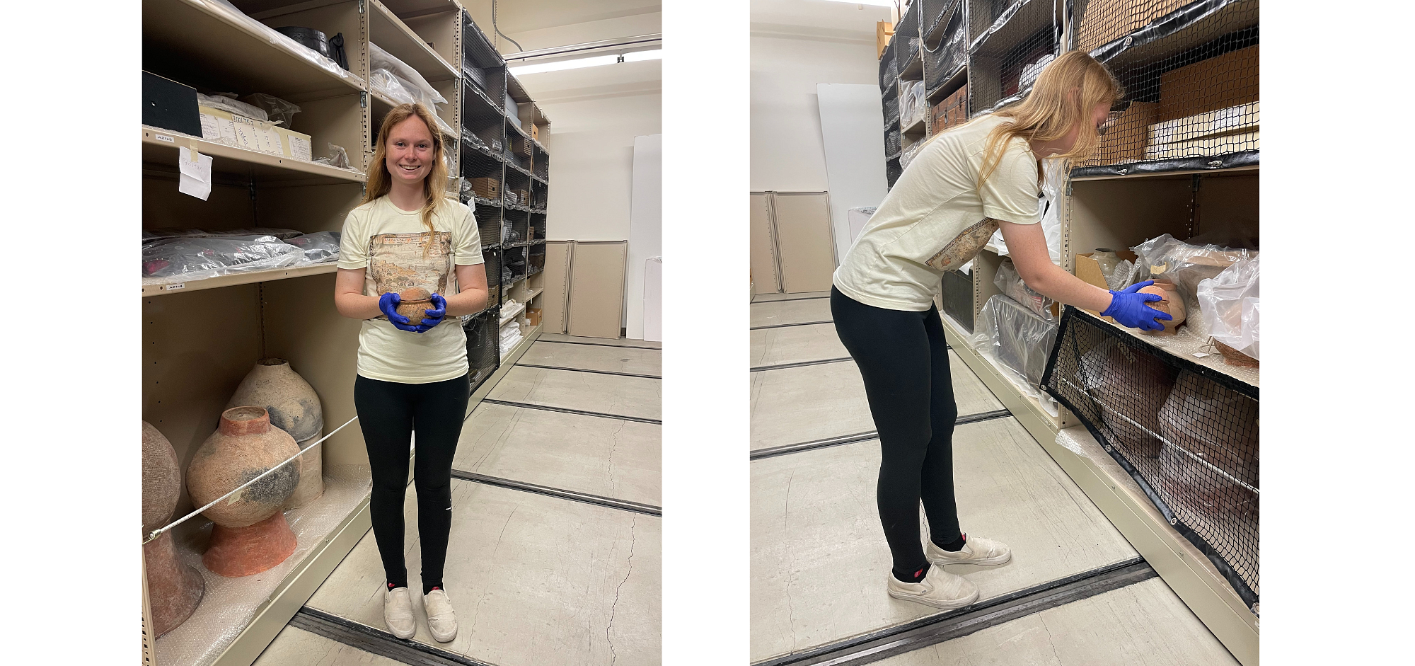 Emma is working with vases in the Bowers Museum.
