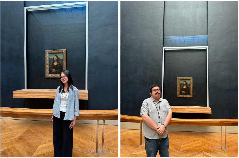 Amir Ardekanian and Loris Yao stand in front of the Mona Lisa.