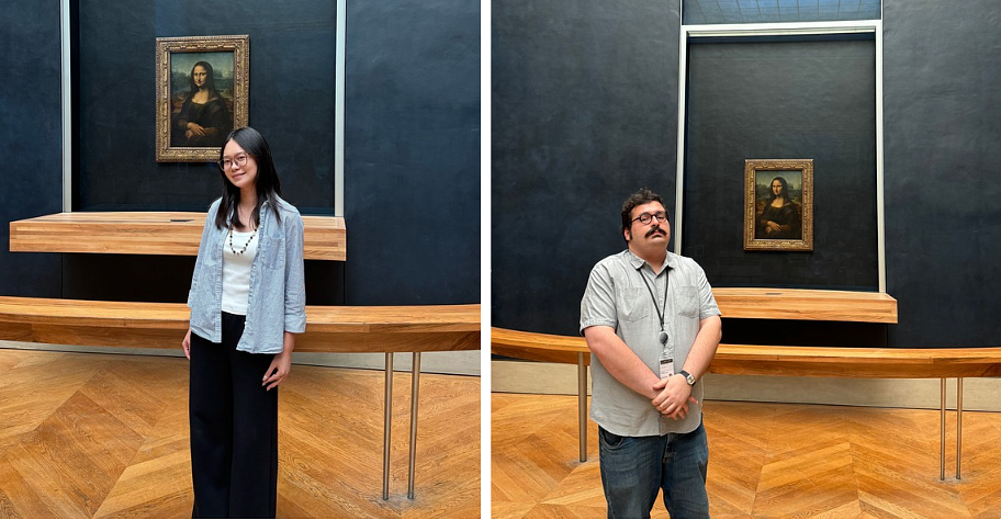 Amir and Loris stand in front of the Mona Lisa.