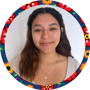 A head shot of Silvia Gonzalez with Hispanic Heritage Month colors around it.