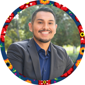 A head shot of Pedro Puentes with Hispanic Heritage Month colors around it.