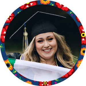 A head shot of Jessica Ortiz with Hispanic Heritage Month colors around it.