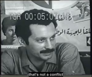 A black and white image of a Palestinian man with the text "that's not a conflict"