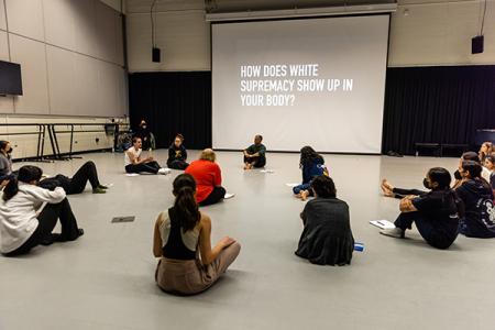 group of dancer seated on floor with screen "how does white supremacy show up in your body?"